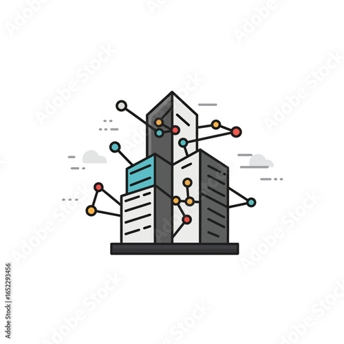 Abstract city buildings connected by network nodes in modern line art style, concept for smart city infrastructure, internet of things and urban digital connectivity