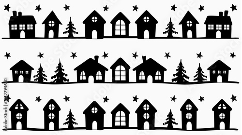 Silhouette of a winter village landscape with houses, trees, and stars in a repeating pattern design art