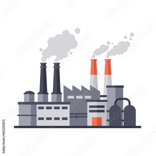 Industrial complex emitting smoke from chimneys against a white background, concept for environmental impact assessment, pollution control and energy production