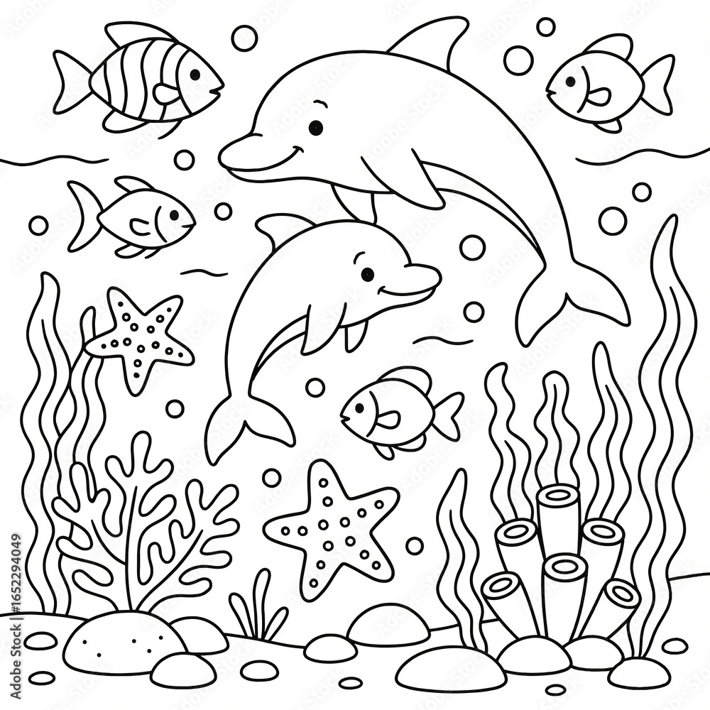 Obraz premium Dolphins swim with fish and starfish in an underwater scene in the style of children's coloring