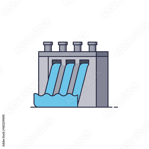 Illustration of hydroelectric dam with flowing water in minimalist style, concept for renewable energy, sustainable power generation and environmental conservation