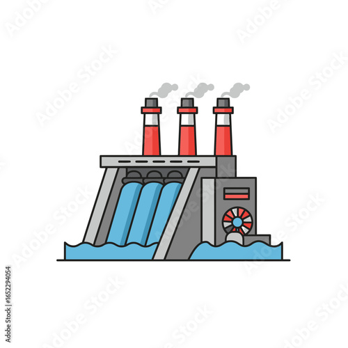 Stylized illustration of a hydroelectric dam with three smokestacks emitting vapor, concept for sustainable energy generation, renewable power solutions and environmental conservation