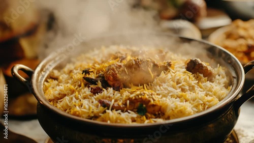 A hot and spicy biryani dish being prepared in a large metal pan over a fire. The food is garnished with various herbs and spices, ready to be served.