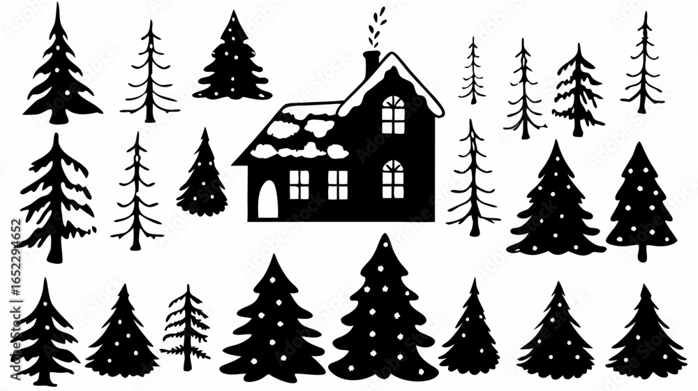 Obraz premium Silhouette of a house with snow on the roof surrounded by various pine trees in a winter landscape scene