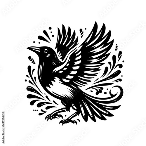 Elegant magpie illustration with spread wings isolated on white background