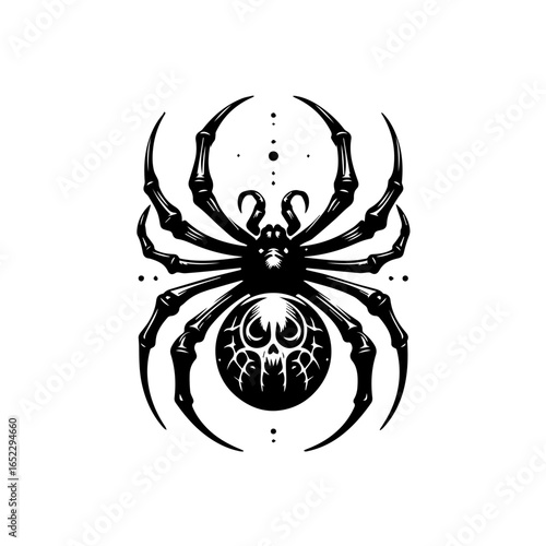 Creepy spider illustration with skull on abdomen isolated on white background