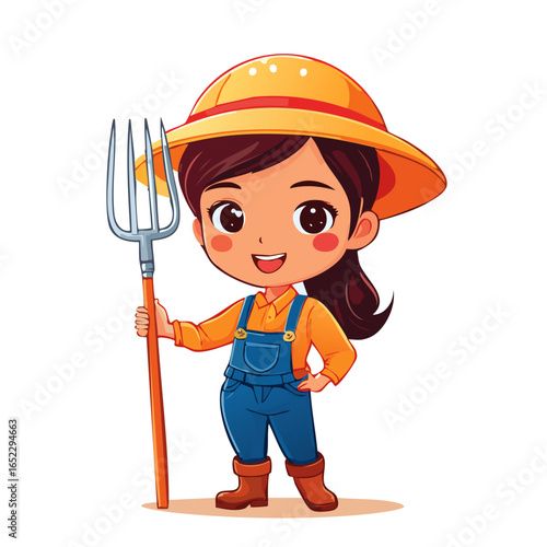 Farmer woman vector illustration in cartoon style. Cute farm worker character wearing hat and holding pitchfork