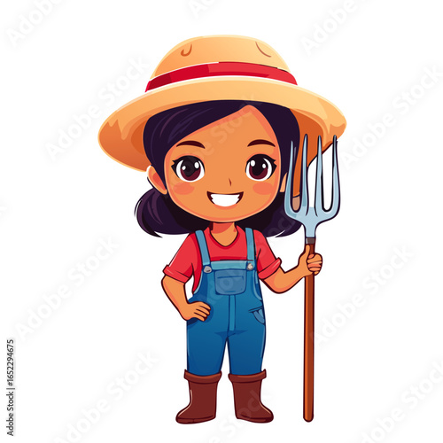 Farmer woman vector illustration in cartoon style. Cute farm worker character wearing hat and holding pitchfork