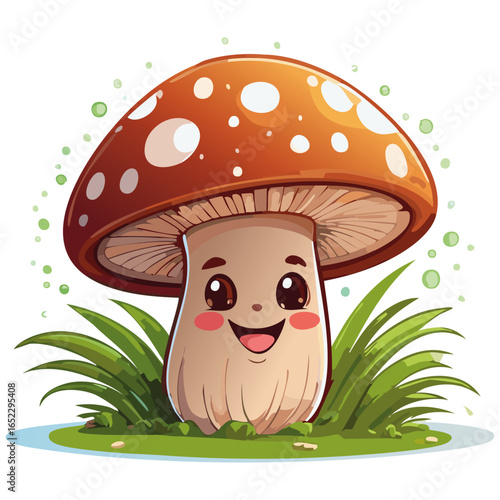 Cute fly agaric mushroom vector color illustration in cartoon style. Cheerful character smiling forest dweller. Children's print for design