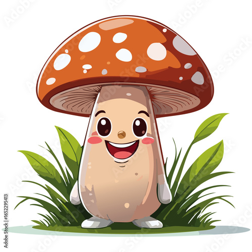 Cute fly agaric mushroom vector color illustration in cartoon style. Cheerful character smiling forest dweller. Children's print for design