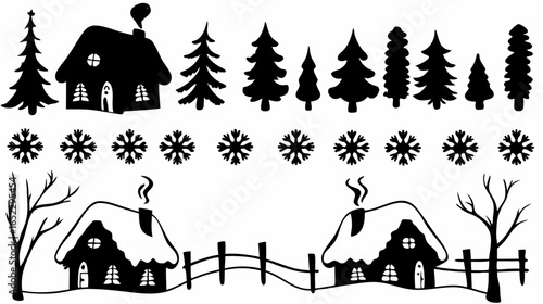 Silhouette winter scene with houses trees snowflakes and fence in black and white vector illustration art
