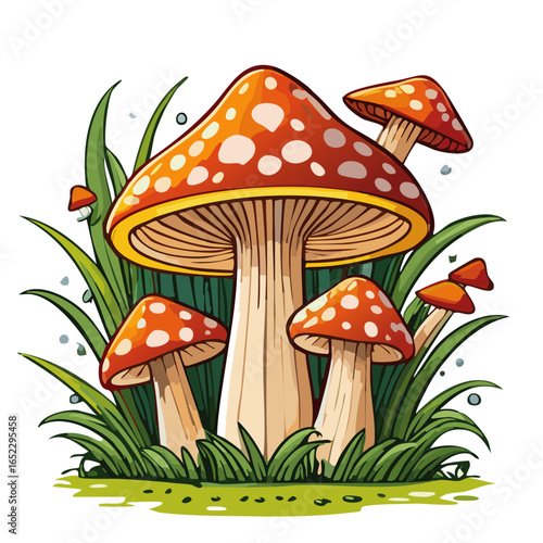 Fly agaric mushrooms growing from grass vector color illustration