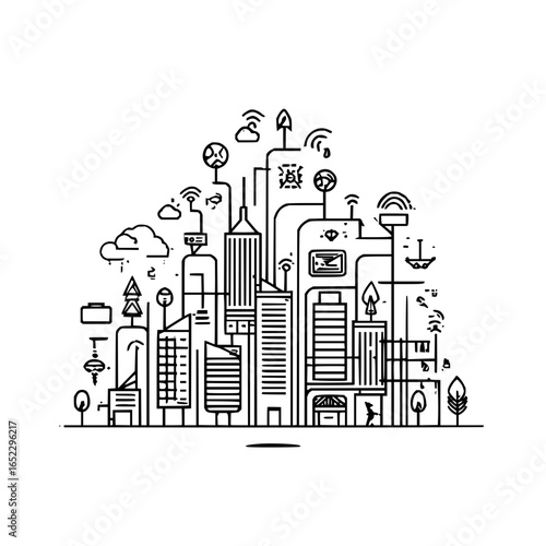 Futuristic city skyline with smart technology and network connections in a modern urban landscape design art
