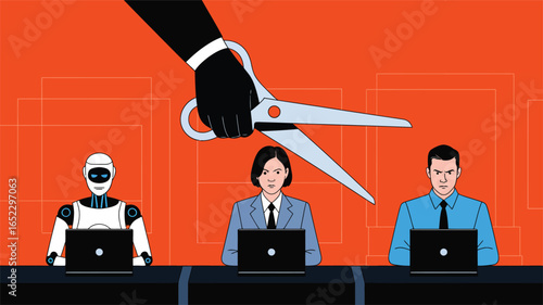 robot and employees working on laptops under threat of job cuts symbolizing ai replacing human workforce and automation impact