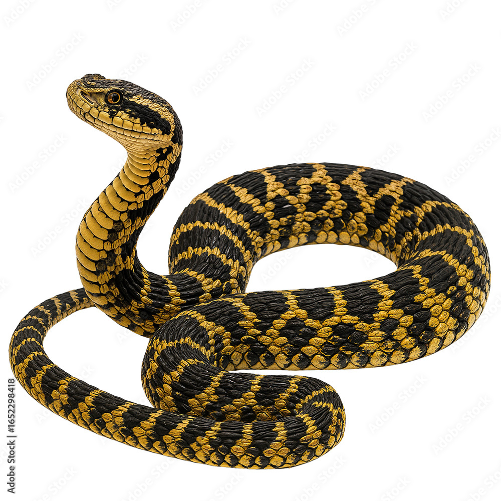 Fototapeta premium Black and yellow striped snake coiled on white background