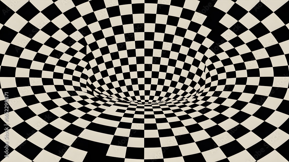 Naklejka premium Hypnotic black and white checkered tunnel vortex with optical illusion depth and movement
