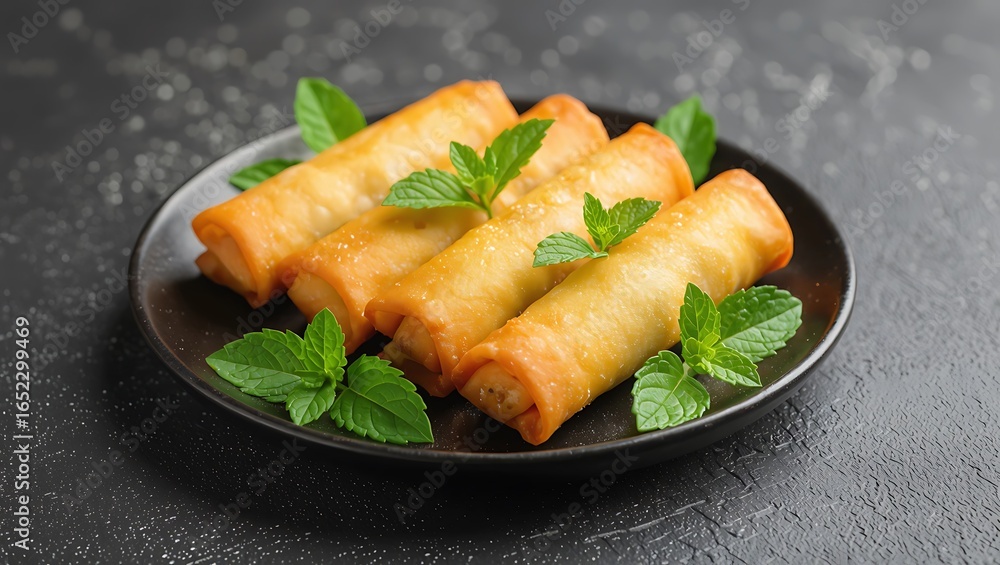 Golden fried spring rolls garnished with fresh mint leaves on a dark plate Golden fried spring rolls garnished with fresh mint leaves on a dark plate