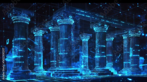 Digital Reconstruction of an Ancient Temple at Night with Glowing Blue Pixels