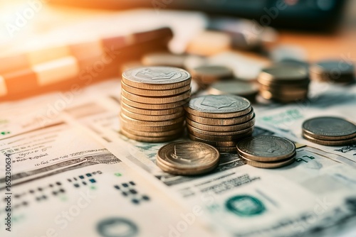 Wallpaper Mural Stacks of coins on financial documents. Sunlight highlights the coins Torontodigital.ca