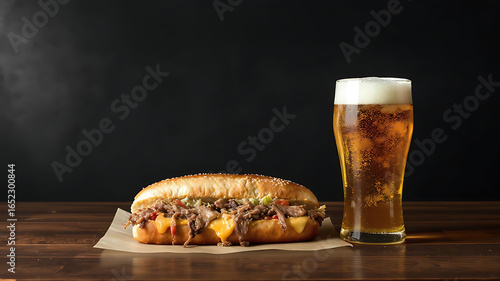 A flavorful cheesesteak sandwich filled with beef and cheese sits beside a chilled glass of beer. The wooden table provides a warm backdrop for this appetizing meal enjoyed in a casual setting.