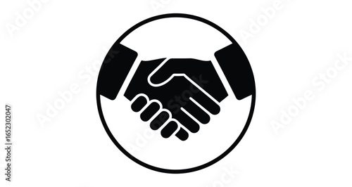 Black handshake icon inside circle, symbolizing partnership, agreement, trust, and business deal in minimal vector illustration style