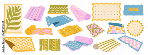 Cozy wool carpets and bath rugs. Decorative floor mats with various shapes and textures