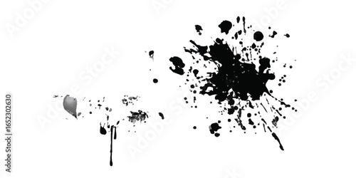 watercolor paint brush stroke.  Black inked splatter dirt stain splattered spray splash with drops blots.