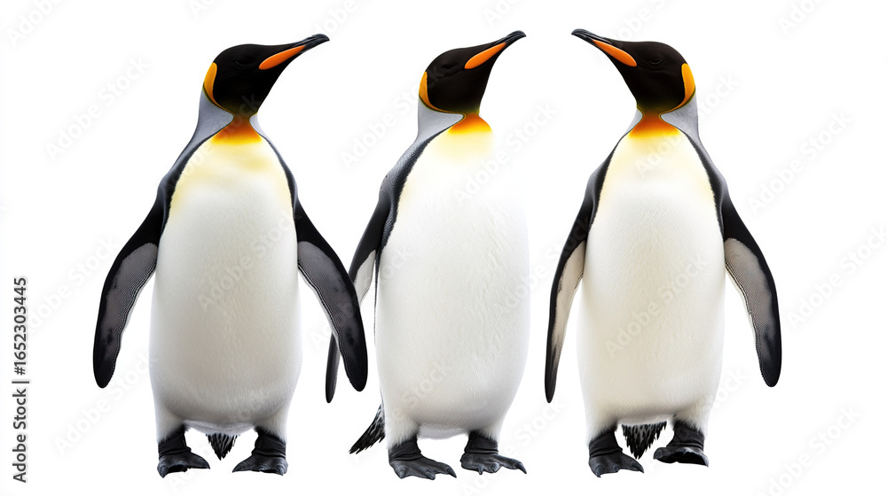 Fototapeta premium Three penguins displayed against white background