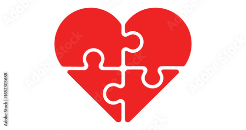 Red heart puzzle icon symbolizing emotional connection, love, unity, and relationship bonding in minimal vector illustration style