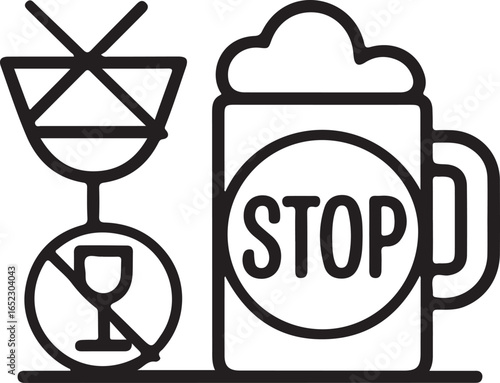 Alcohol-Free Hand-Drawn Line Icon Pack Prohibition Sign, Cocktail, Beer, Wine, Stop Symbol, Vector Graphics