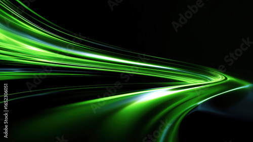 green light trails sweep across a dark background in a fluid, wave-like motion, evoking energy, speed, and futuristic elegance