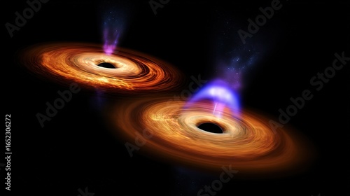 Two supermassive black holes in a cosmic dance, connected by energy streams across vast interstellar distance
