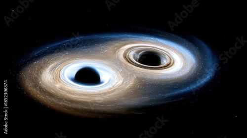Two supermassive black holes in a cosmic dance, connected by energy streams across vast interstellar distance
