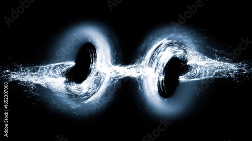 Two supermassive black holes in a cosmic dance, connected by energy streams across vast interstellar distance
