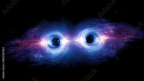 Two supermassive black holes in a cosmic dance, connected by energy streams across vast interstellar distance
