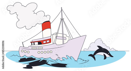 Funny steamer on open sea.