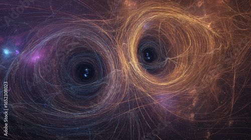 Two supermassive black holes in a cosmic dance, connected by energy streams across vast interstellar distance
