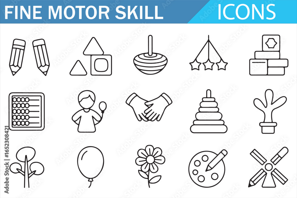 Fototapeta premium Fine Motor Skill Icons: Pencil, Blocks, Abacus, and Developmental Toys