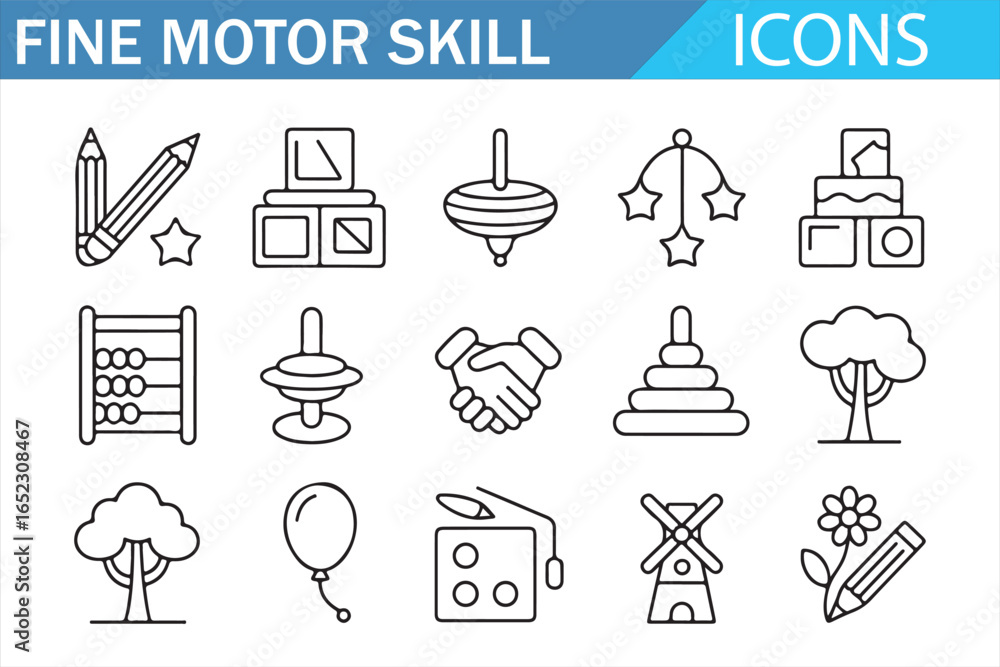 Obraz premium Fine Motor Skill Icons: Pencil, Blocks, Abacus, Toys, and Development Tools