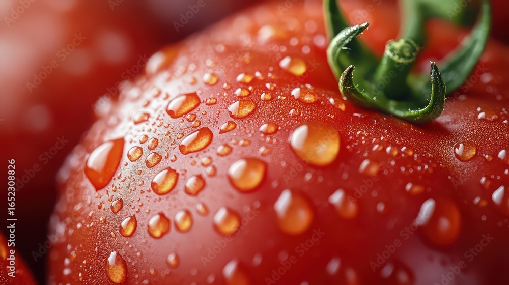 Close up of a red tomato with water droplets and green stem Close up of a red tomato with water droplets and green stem