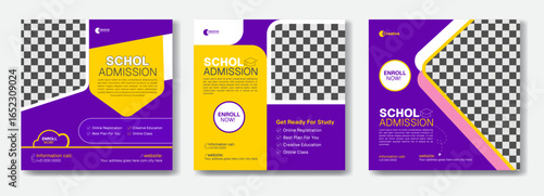 Set of School admission social media post, back to school promotional banner template. student enrollment , education admission flyer design for Instagram post, web banner, and digital marketing campa