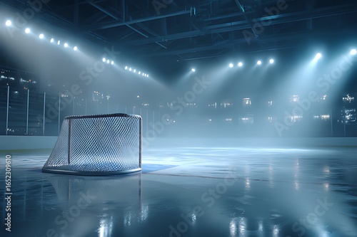 Ice hockey goal on a foggy rink with spotlights shining down