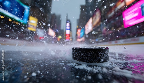 Hockey puck on a snowy city street in new york