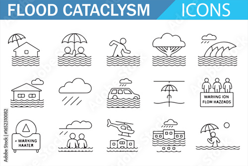 Icons Representing Floods: Warning, Rescue, Helicopter, and Emergency Safety