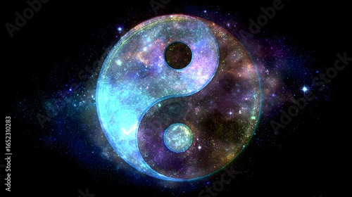 A vibrant yin yang symbol set against a backdrop of cosmic nebulae.