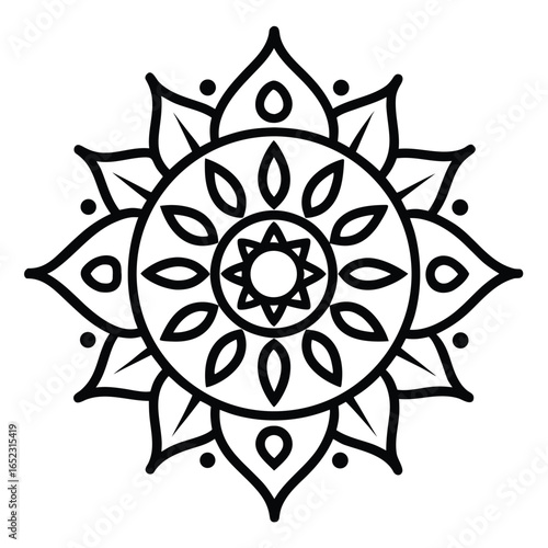 Intricate Black and White Mandala Design with Floral Elements