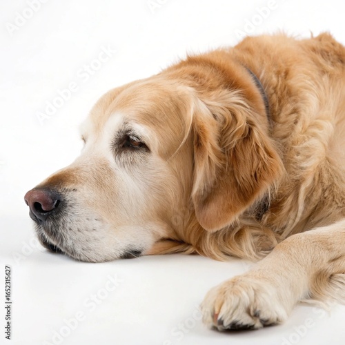 Senior Golden Retriever Lying Down Peacefully on White