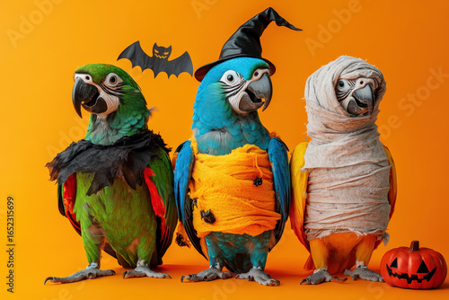 Colorful macaw parrots dressed in Halloween costumes with pumpkin and bat on orange background