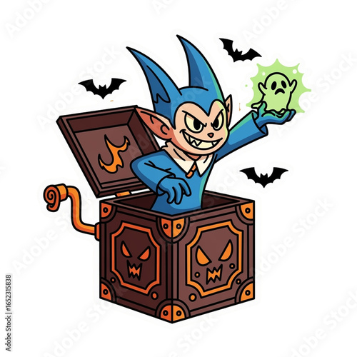 Jack-in-the-box with a spooky Imp unleashing a ghost cartoon illustration