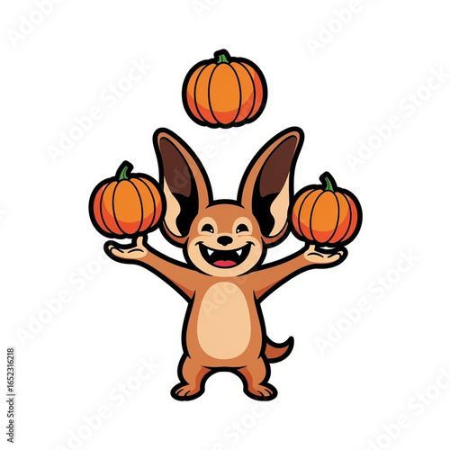 Cartoon Bat-Eared Character Juggling Pumpkins, Halloween Theme